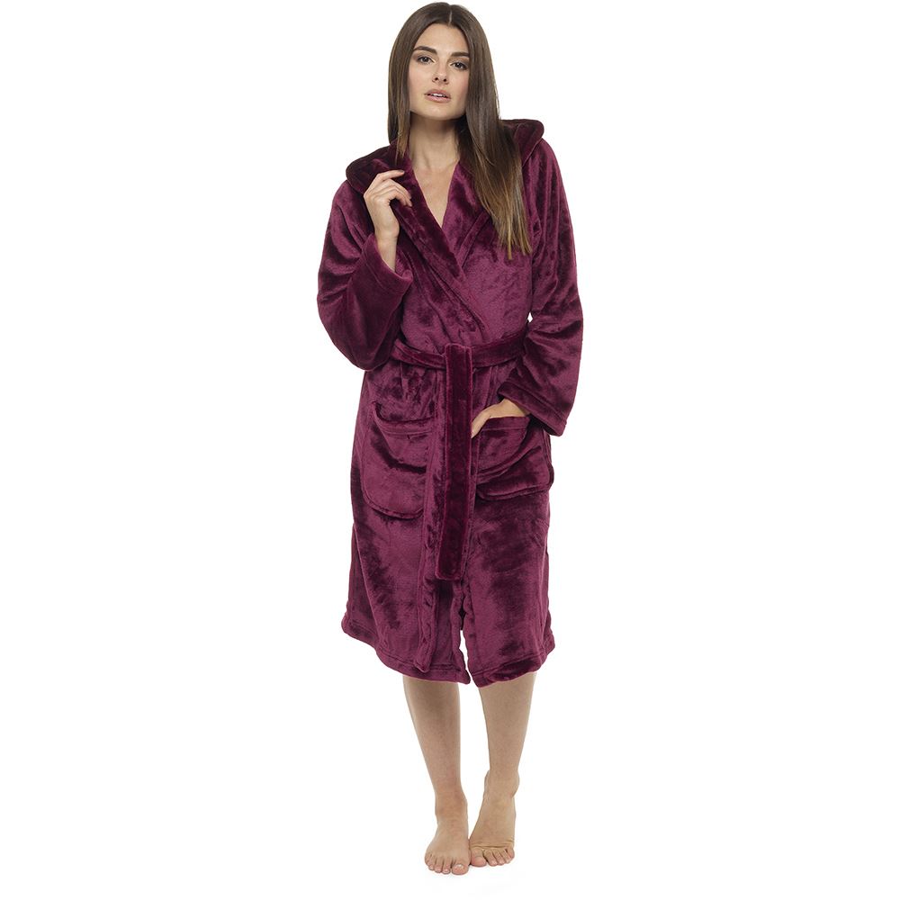 Ladies Luxurious Soft Dressing Gown Hooded Plain Fluffy Snuggle Fleece Warm Robe eBay
