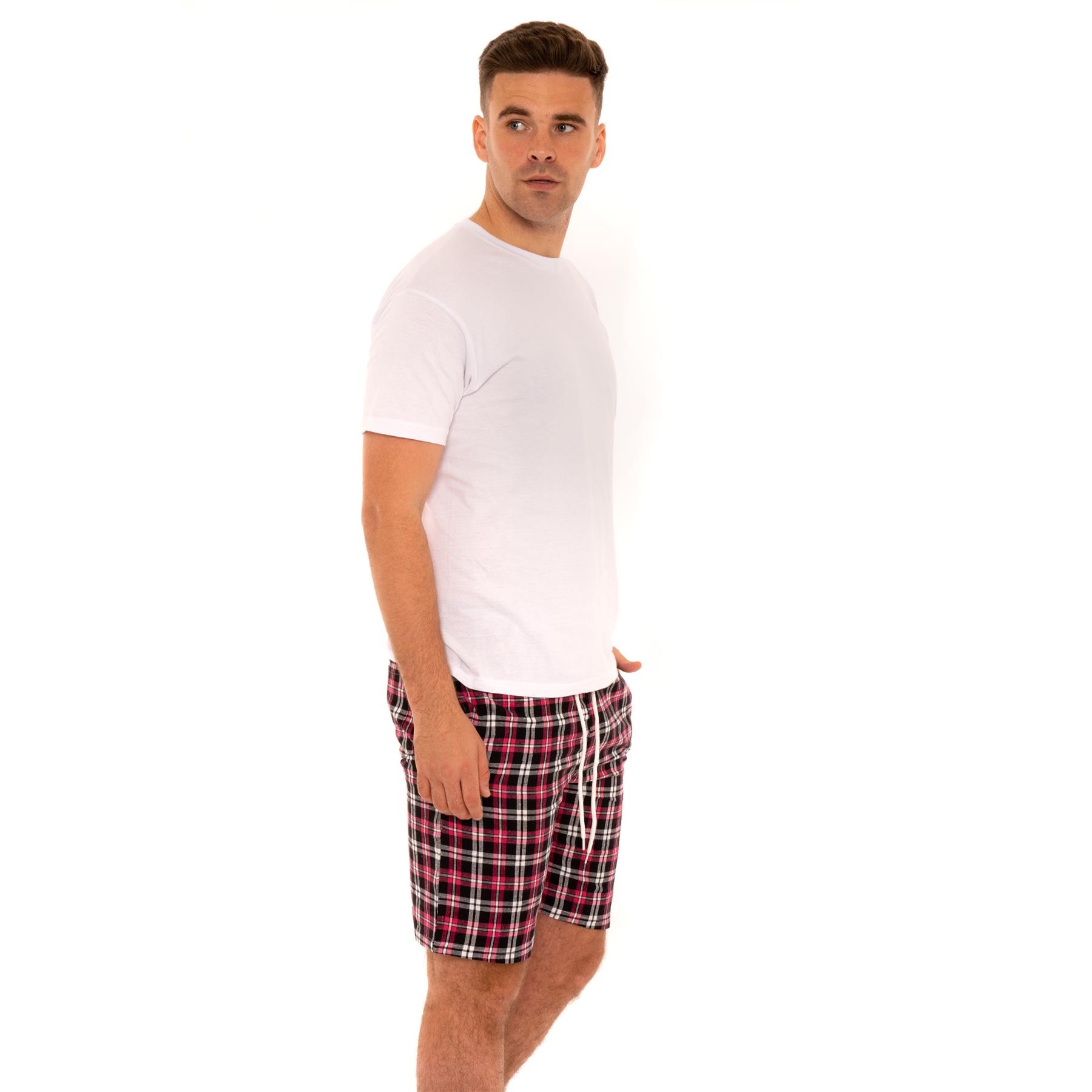 Mens Woven Pyjamas Cotton PJ Set Short Sleeve Crew Lounge Top Soft Check Shorts - Picture 32 of 34