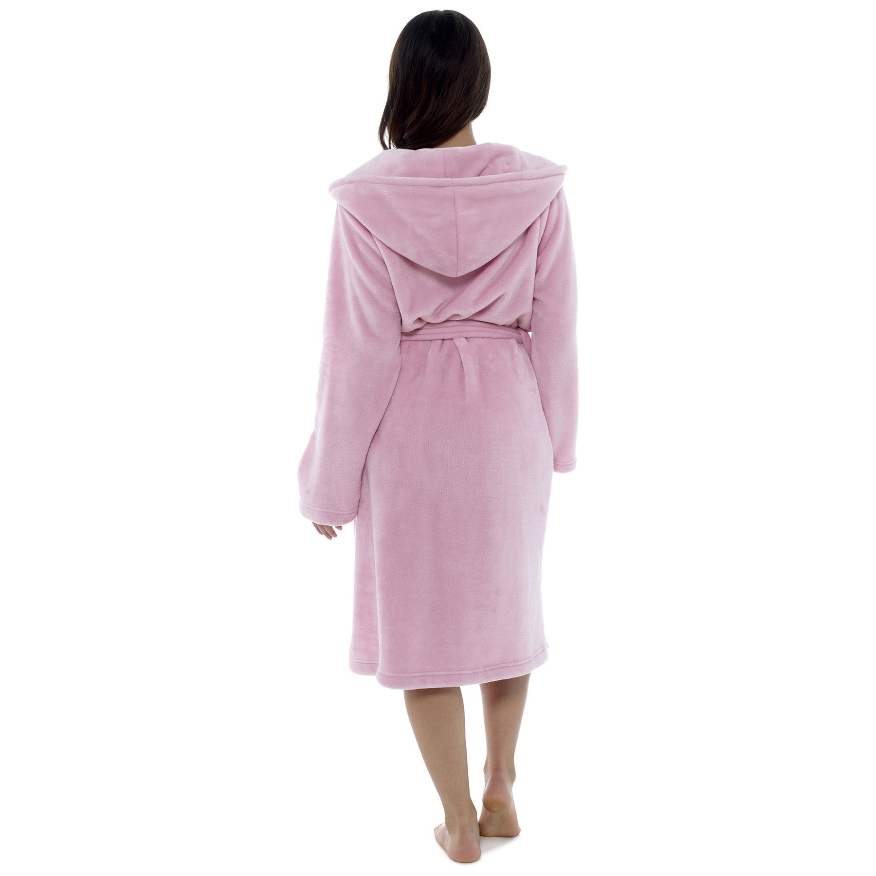 Ladies Luxurious Soft Dressing Gown Hooded Plain Fluffy Snuggle Fleece Warm Robe eBay