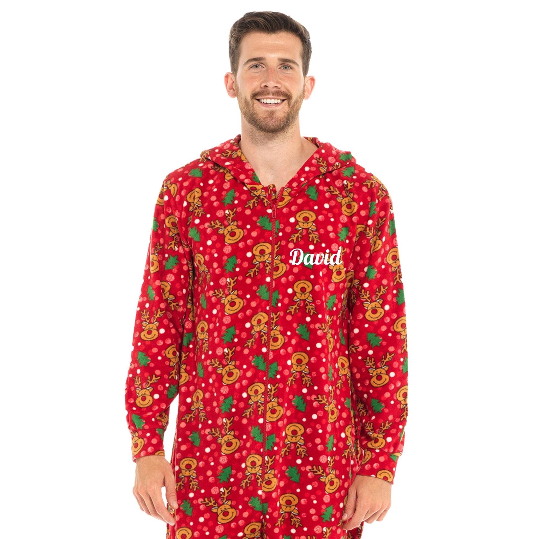 Personalised Unisex All in One Christmas Hooded Pyjamas Xmas Couples Matching PJ - Picture 14 of 15