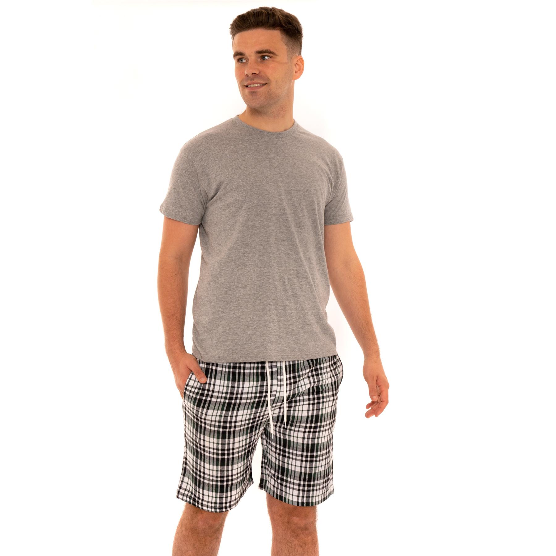 Mens Woven Pyjamas Cotton PJ Set Short Sleeve Crew Lounge Top Soft Check Shorts - Picture 22 of 34
