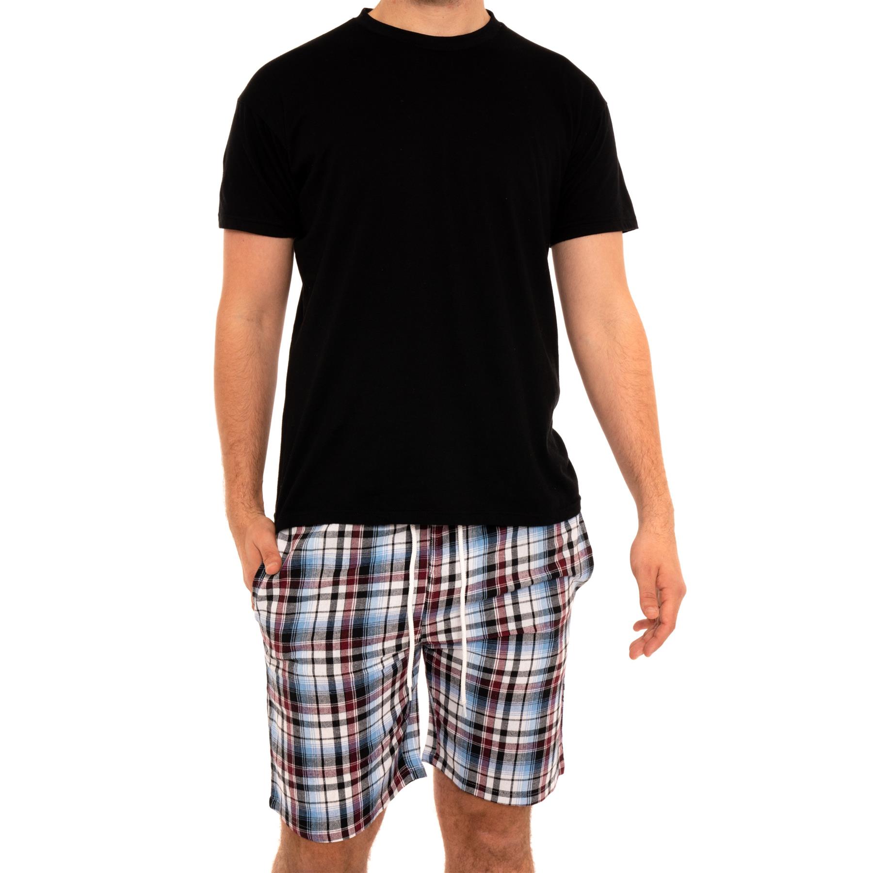 Mens Woven Pyjamas Cotton PJ Set Short Sleeve Crew Lounge Top Soft Check Shorts - Picture 16 of 34