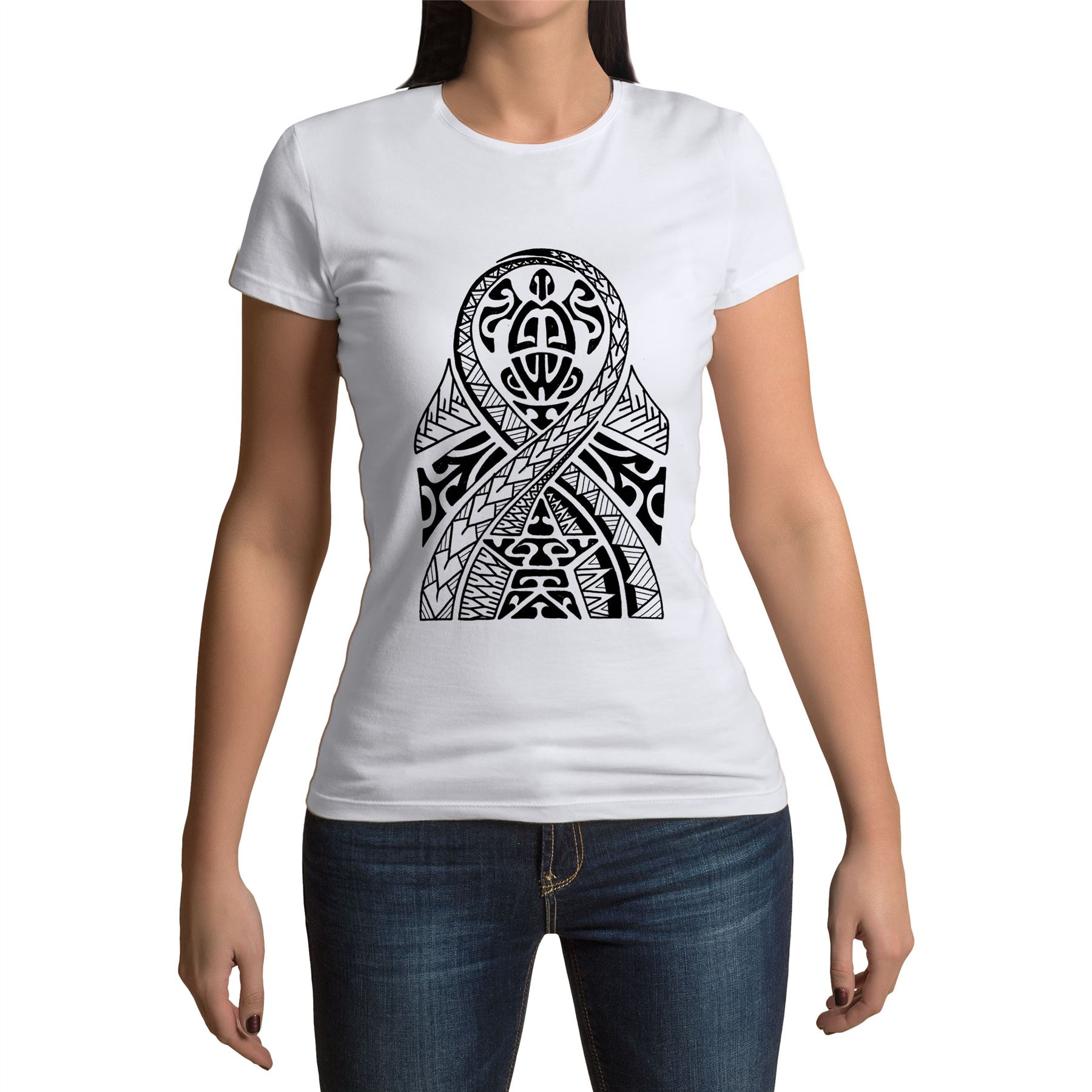 Détails Sur T Shirt Femme Col Rond Tortue Maori Tatouage Nouvelle Zelande Art Tribale