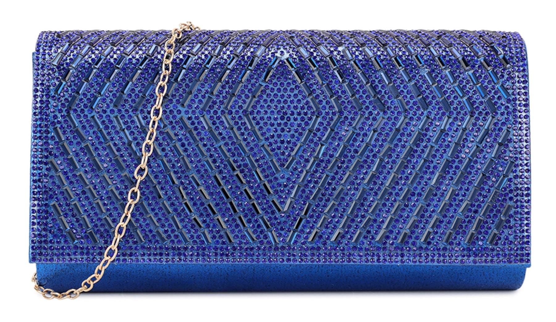 Womens Gemstones Glitter Satin Clutch Bag Diamante Handbag Rose Gold