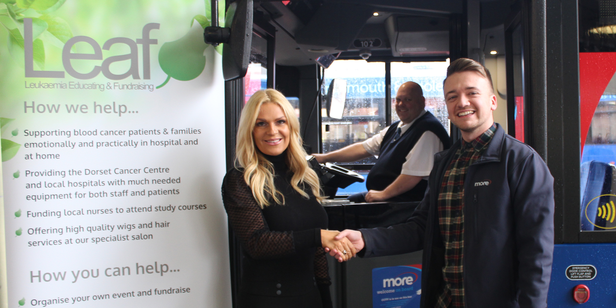 Photo of Natasha Hunt from Leaf Leukaemia Education and Fundraising and Joe Quinlan from morebus