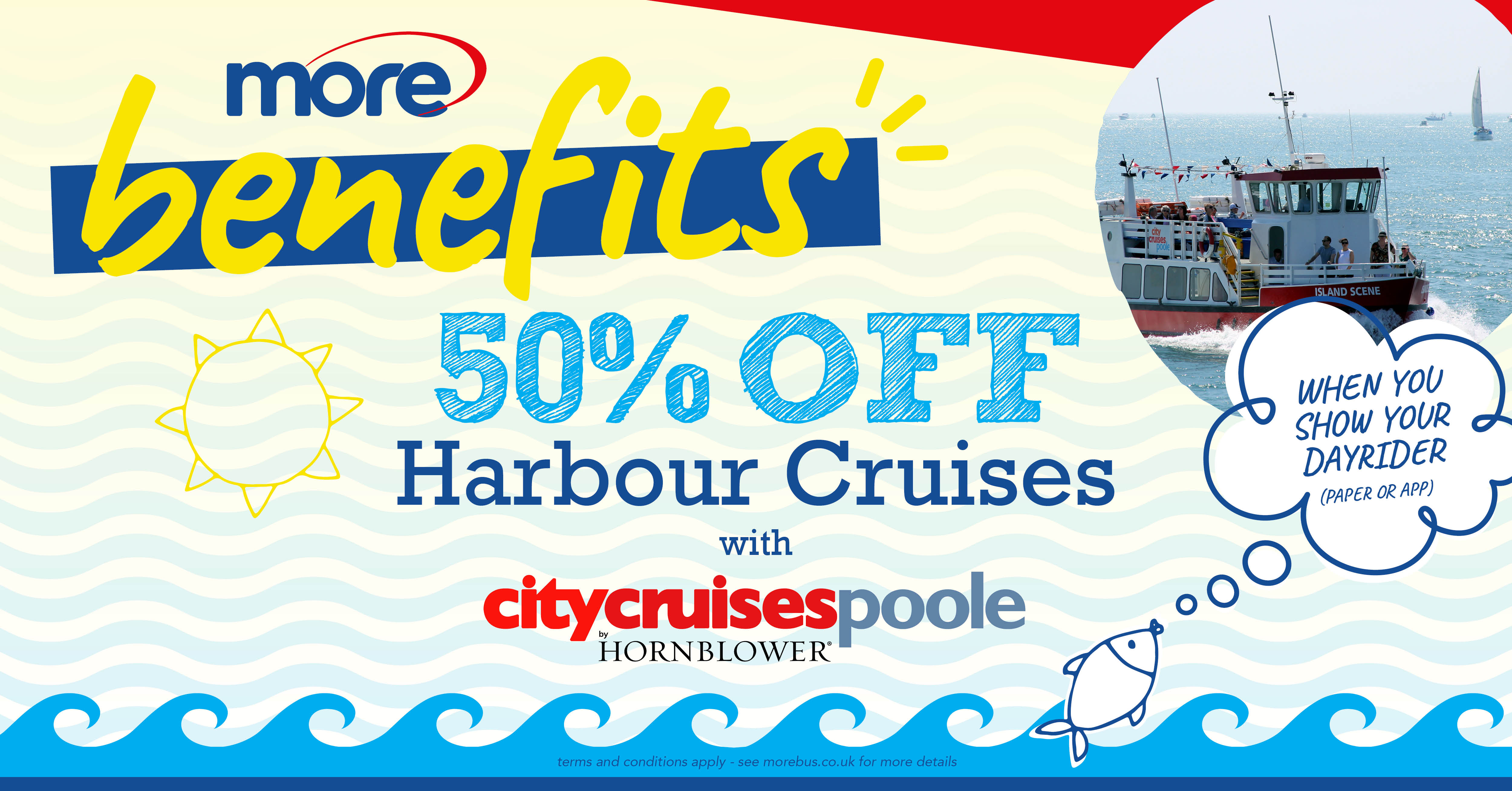 Illustration image stating '50% off with City Cruises Poole'