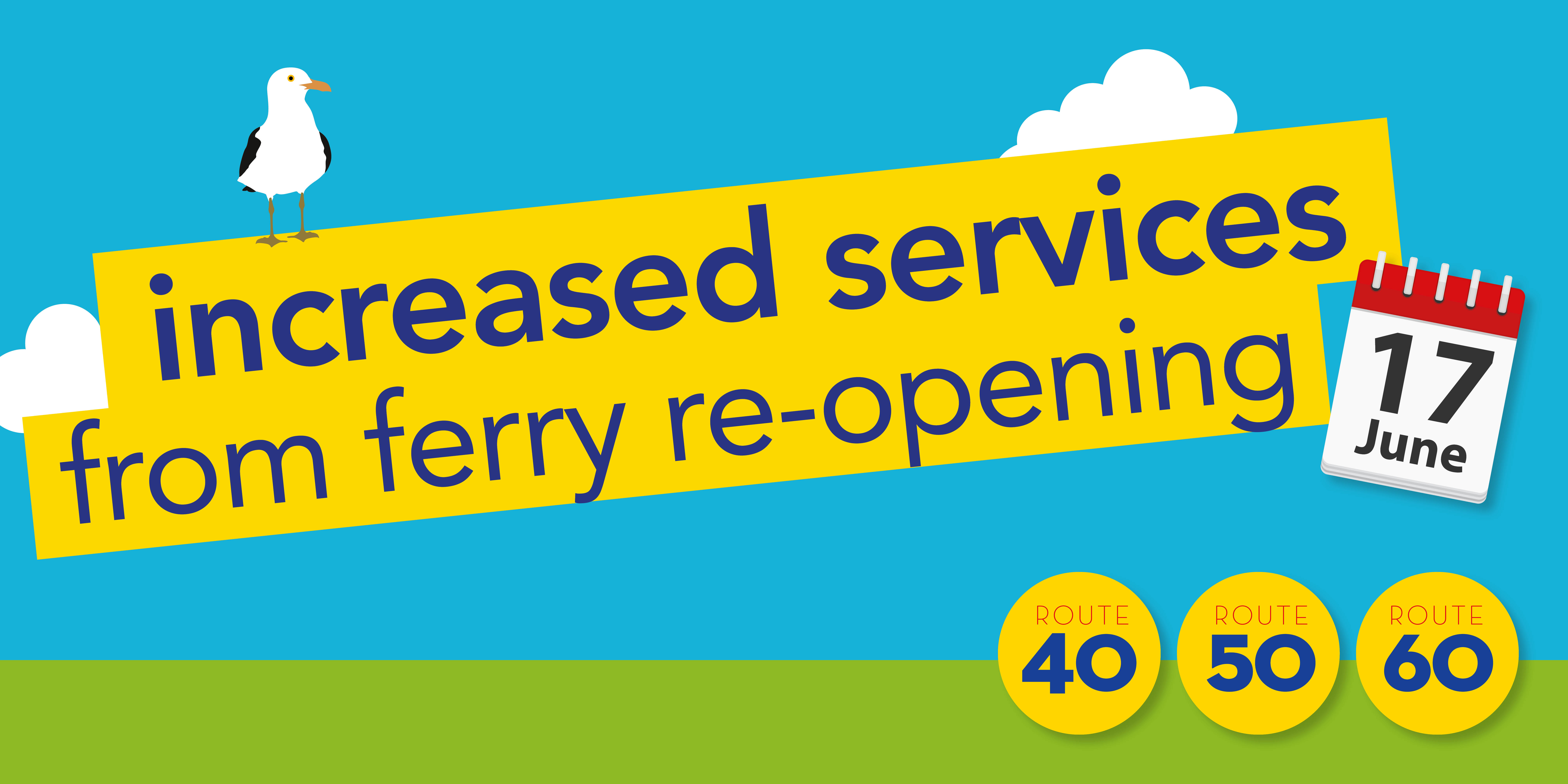 Image reading 'increased services from ferry re-opening Purbeck Breezer 40, 50 and 60 from Wednesday 17th June'