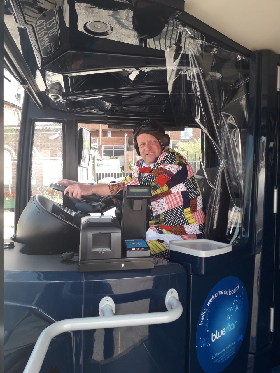 Photo of a morebus bus driver dressed as Roy Chubby Brown