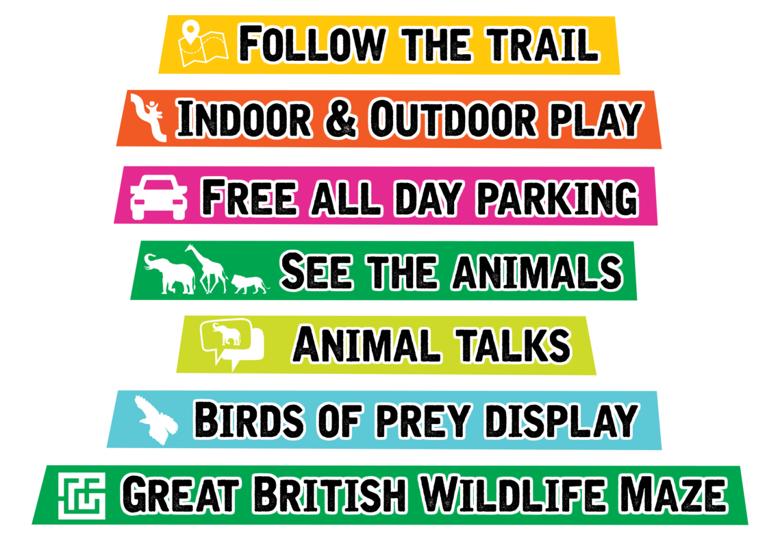A list of what your day includes at Noah's Ark: follow the trail, indoor and outdoor play, free all day parking, see the animals, animal talks, birds of prey display and the Great British Wildlife Maze