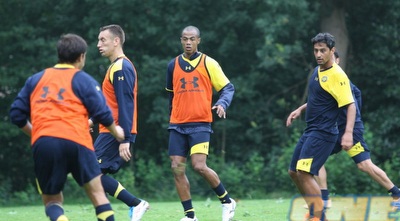 ברק יצחקי, ניבאדלו, סאבו פאביצ´ביץ´ ודור מלול באימון היום (האתר הרשמי של מכבי תל אביב)