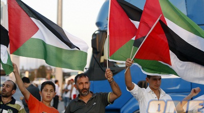 מפגינים טורקים עם דגלי פלסטין לפני המשחק (רויטרס)