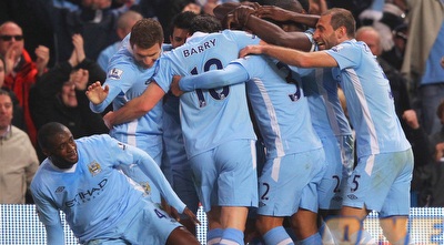 שחקני סיטי חוגגים. יחגגו גם מול ניוקאסל היום? (GettyImages)