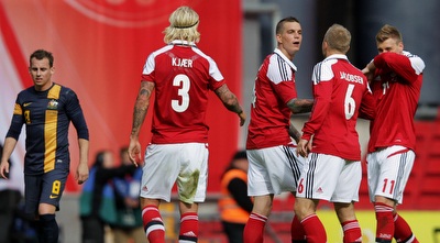 שחקני נבחרת דנמרק חוגגים (GettyImages)