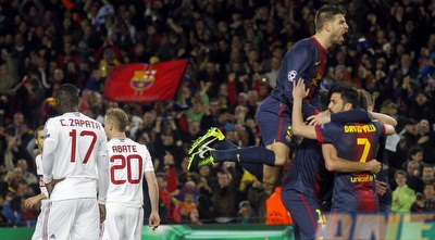 שחקני ברצלונה חוגגים, הלבנים של מילאן מאוכזבים (רויטרס)