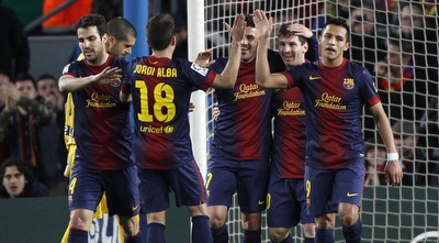 שחקני ברצלונה בעוד משחק קל בליגה (רויטרס)