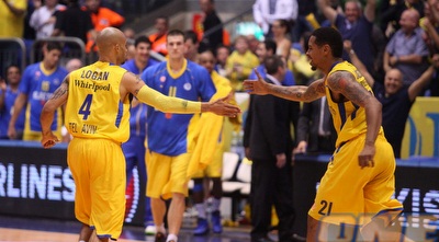 לנדסברג ולוגאן חוגגים. אם מכבי ינצחו בברצלונה, יש יתרון ביתיות (יוסי ציפקיס)