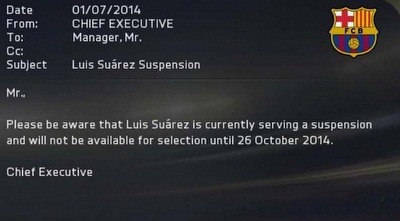 ההודעה על הרחקת סוארס בפיפ&qout;א 15 (מערכת ONE) ההודעה על הרחקת סוארס בפיפ&qout;א 15 (מערכת ONE)