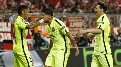 מסי, סוארס וניימאר חוגגים. הטריו הכי מפלצתי באירופה (רויטרס)