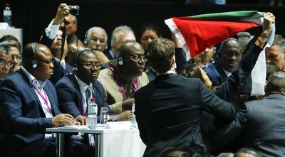 מפגינה פרו-פלסטינית בקונגרס פיפ&qout;א (רויטרס) מפגינה פרו-פלסטינית בקונגרס פיפ&qout;א (רויטרס)