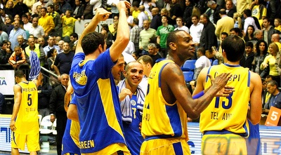 שחקני מכבי חוגגים בסיום הניצחון על אלבה (אמיר לוי)