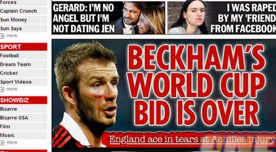 בקהאם והכותרת ב&acute;סאן&acute;. המנהיג של הנבחרת לא הגיע לדרום אפריקה