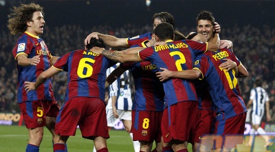 שחקני ברצלונה חוגגים (רויטרס) שחקני ברצלונה חוגגים (רויטרס)