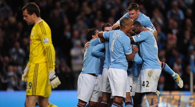 שחקני מנצ´סטר סיטי חוגגים (GettyImages) שחקני מנצ´סטר סיטי חוגגים (GettyImages)