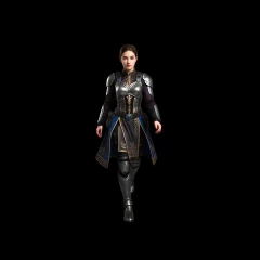 Woman in armor and billowing regal jacket.