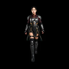 Woman in armor and burgundy coat