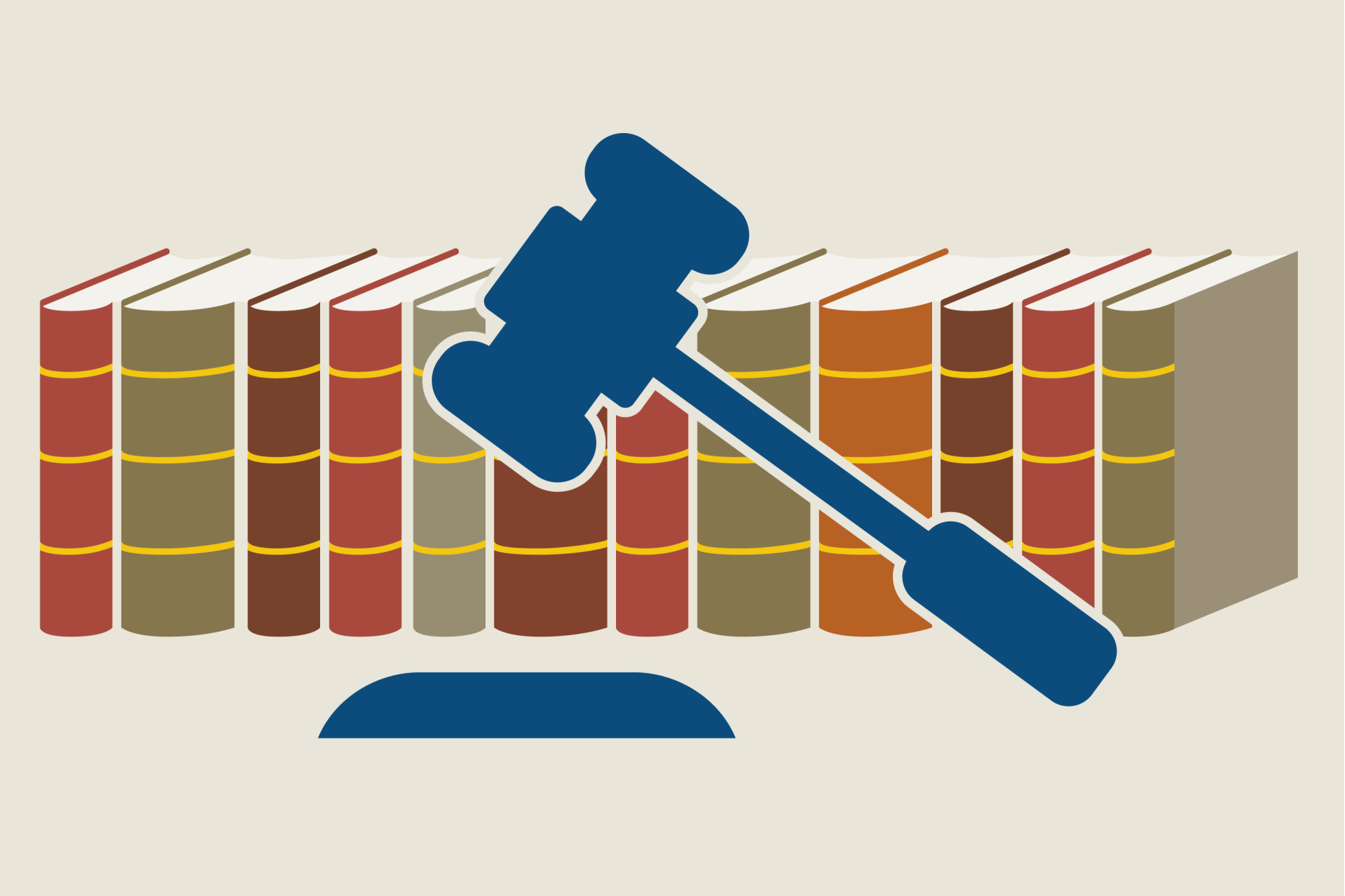 An illustration of a gavel in front of books