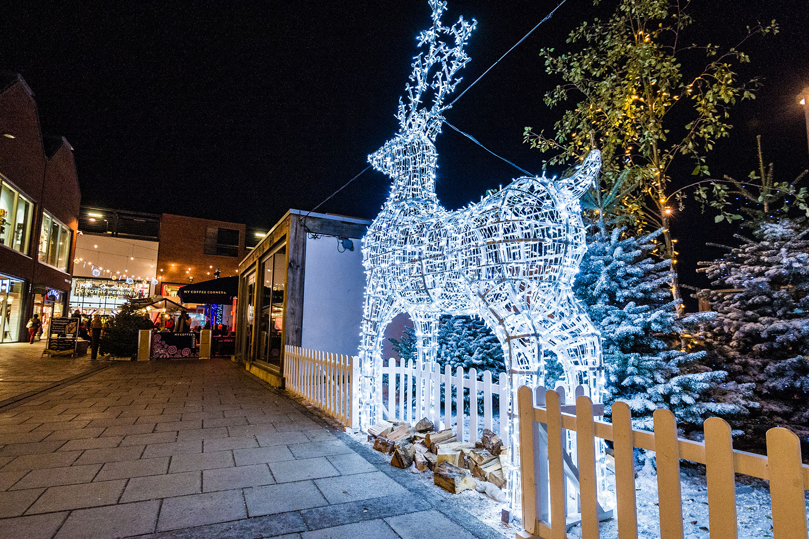 Large white illuminated reindeer in a snowy scene display with snow-flocked Christmas trees