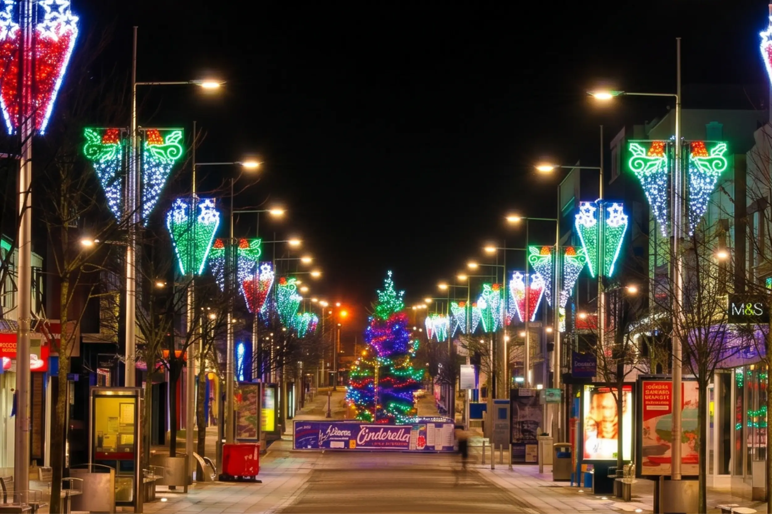 Indoor shopping centre corridor with gold garland on ceiling with a white snowflake GOBO projected onto the floor