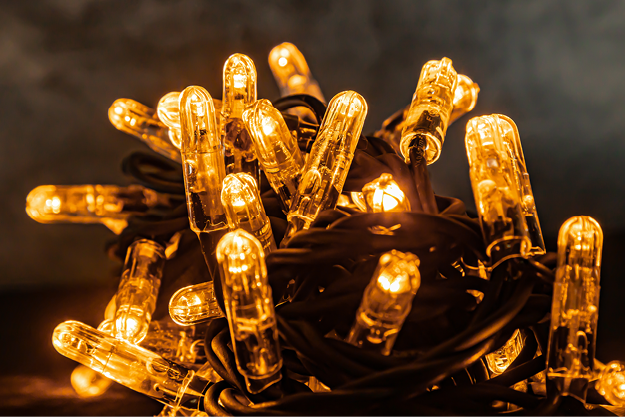 Cluster of warm white light strings switched on