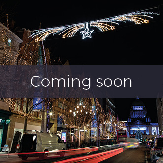 Fireworks and Stars Cross Street lighting motif with coming soon banner