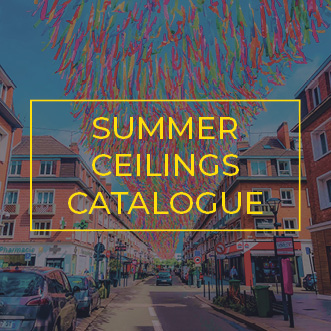 Shopping street with 'Colour Rain' multicoloured ribbon summer ceiling overhead