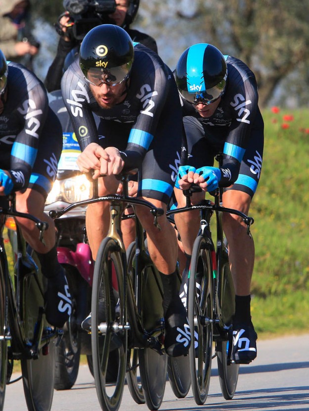 Bradley Wiggins and Team Sky during he opening Team Time Trial of the 2014 Tirreno-Adriatico in which they placed 6th