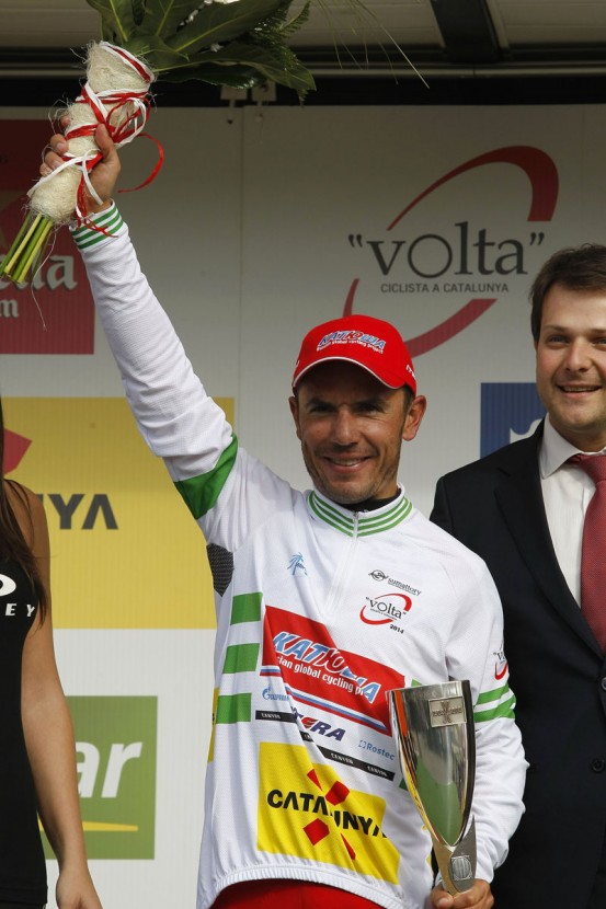 Joaquin Rodriguez on the podium after retaining his overall lead on Stage Five of the 2014 Tour of Catalonia
