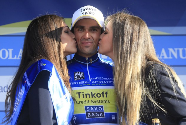 Alberto Contador on the podium after winning Stage 5 and taking the overall lead of the 2014 Tirreno Adriatico
