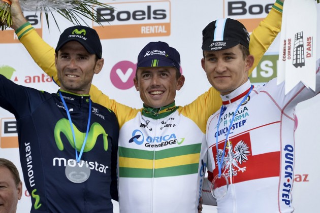 Alejandro Valverde, Simon Gerrans and Michal Kwiatkowski on the podium after the 2014 Liege - Bastogne - Liege