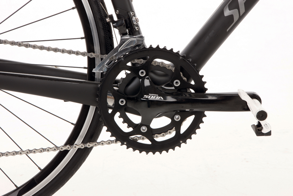 Shimano Sora groupset on the Gently sloping top tube of the Specialized Roubaix SL4