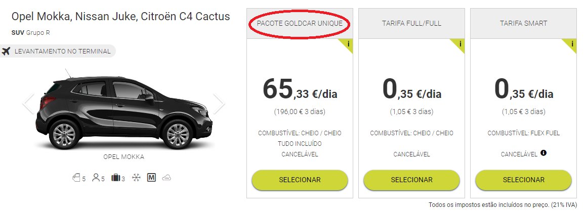 aluguer carros pacote goldcar unique