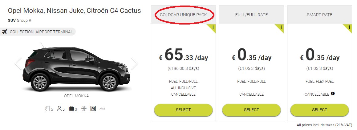 car hire goldcar pack unique