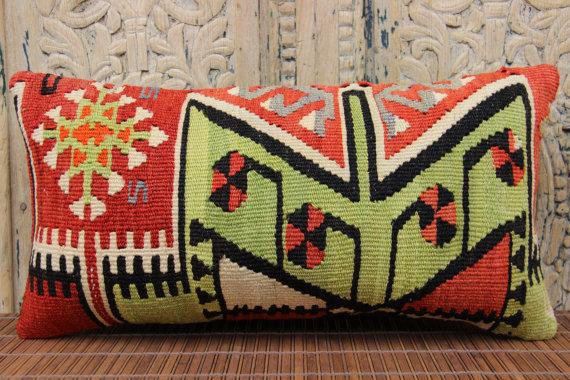 Turkish Lumbar Kilim Pillow Cover Ethnic kilim pillow cover 10x20 inch