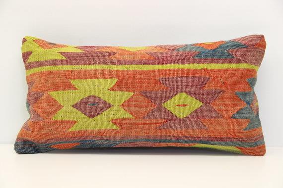 Turkish Lumbar Kilim Pillow Cover Ethnic kilim pillow cover 10x20 inch