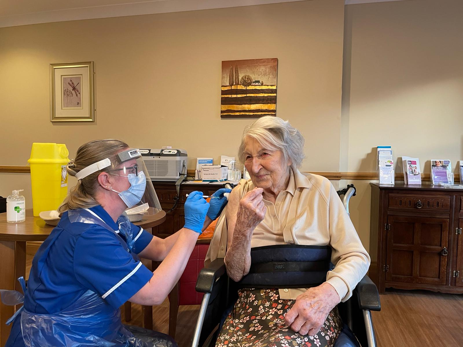 Home manager and 104-year-old resident vaccinated at Hitchin care home as immunity programme rolls out