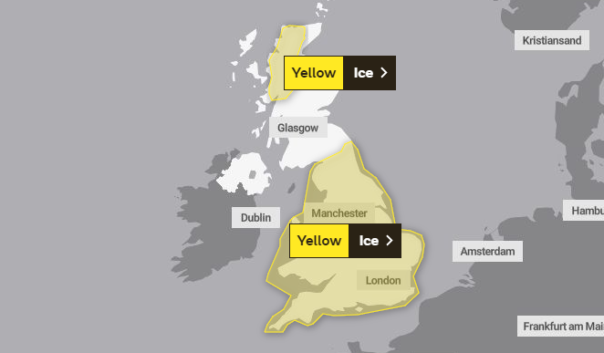Severe weather warning for ice across whole of England and Wales