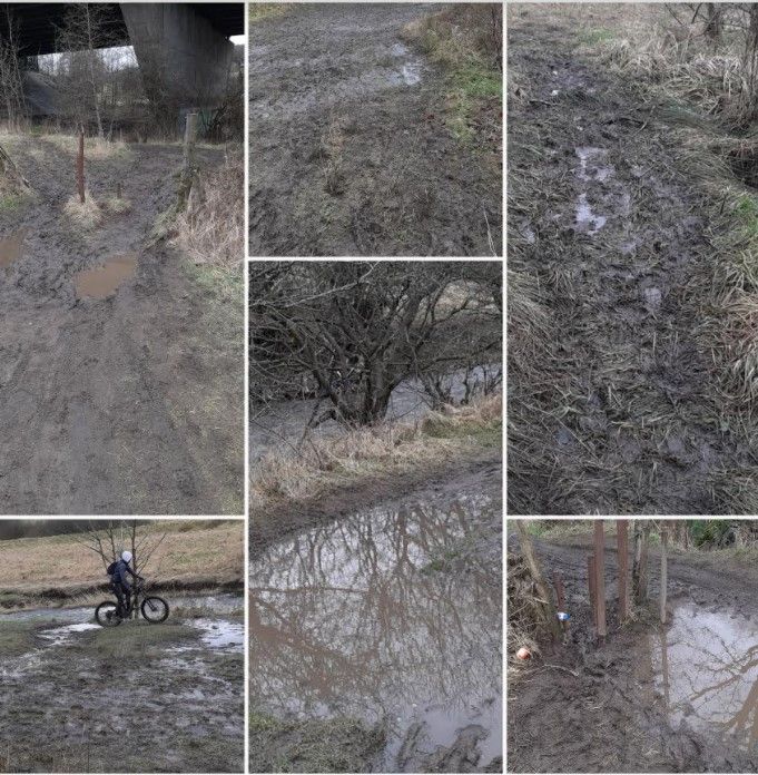 Waterlogged offroad walking route along ELR line in "appalling" condition