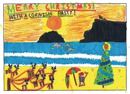 Pasty eating Santa drawing wins holiday lets Christmas cards competition