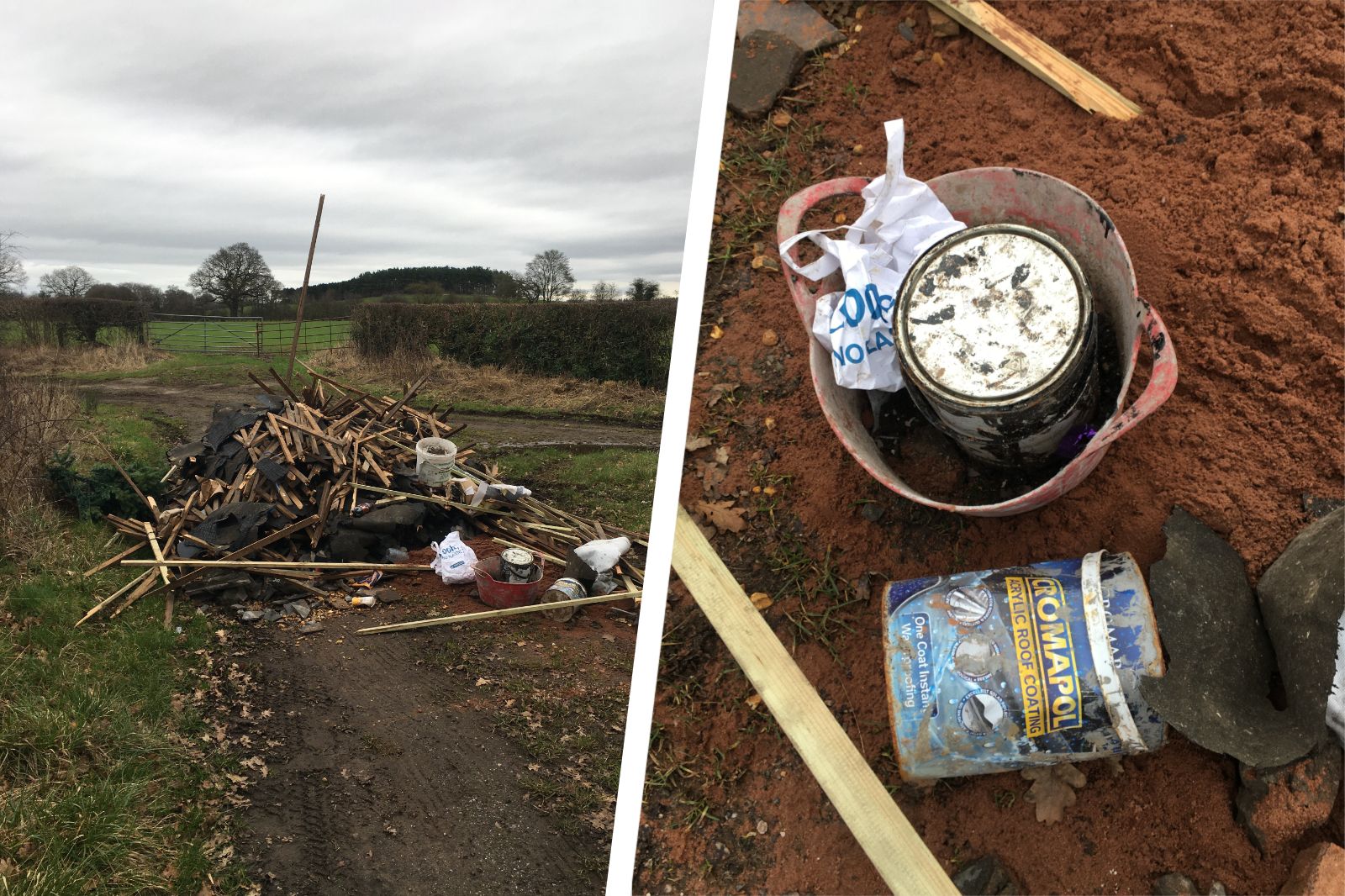 Information wanted after roofing materials dumped on village lane near Stafford