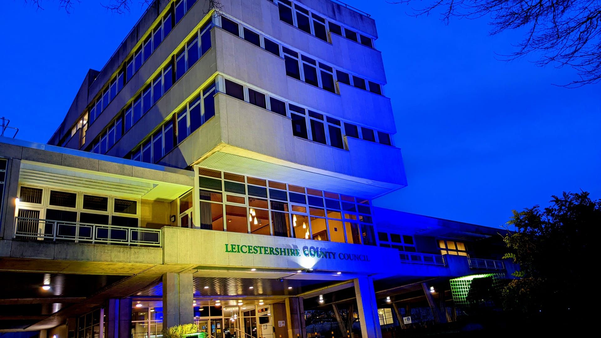 Leicestershire County Hall lit up blue and yellow in show of solidarity with Ukraine